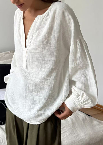 White V Neck Cotton Shirt Fall