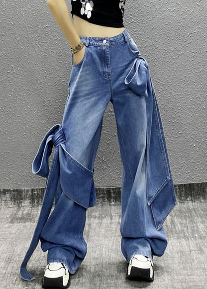 Blue Bow Pockets High Waist Denim Pants Summer