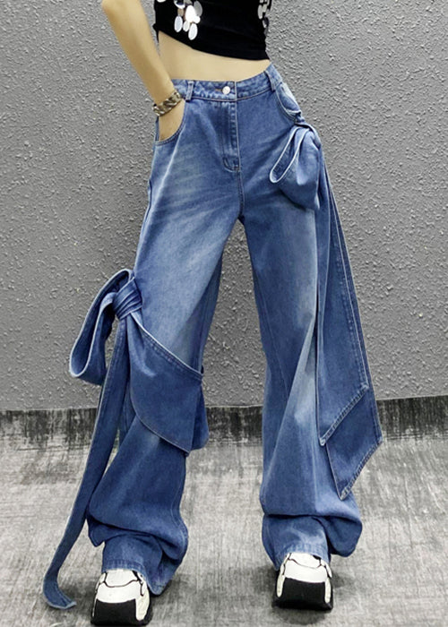 Blue Bow Pockets High Waist Denim Pants Summer
