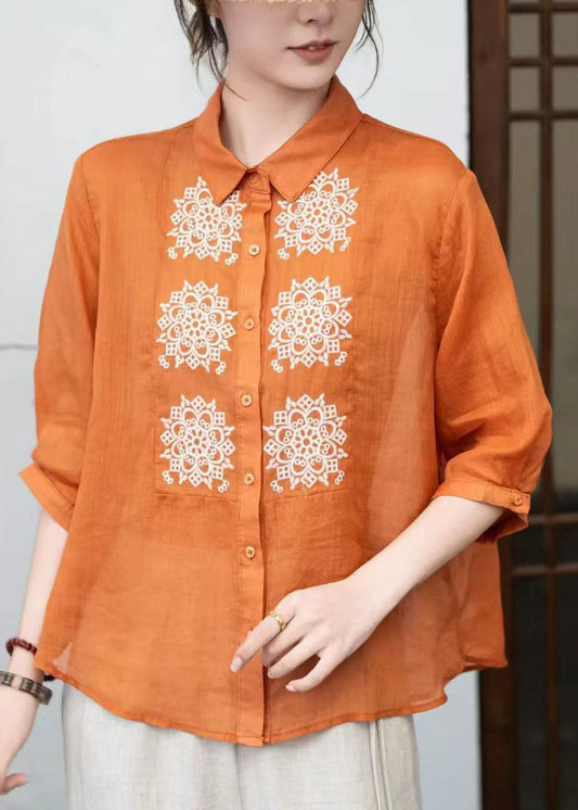 Loose Orange Peter Pan Collar Embroidered Linen Tops Summer
