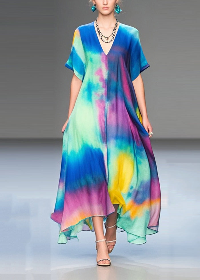Rainbow V Neck Tie Dye Chiffon Holiday Dress Summer
