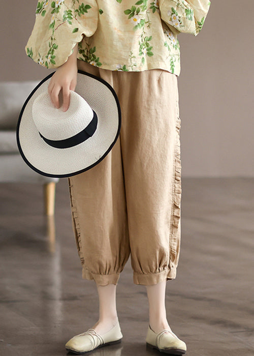 Pink Pockets Linen Crop Pants Elastic Waist