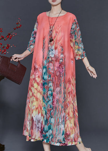 Diy Pink Oversized Print Chiffon Long Dress Bracelet Sleeve