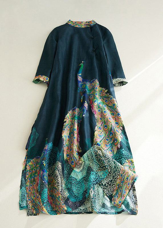 Blackish Green Stand Collar Print Side Open Long Dresses Short Sleeve