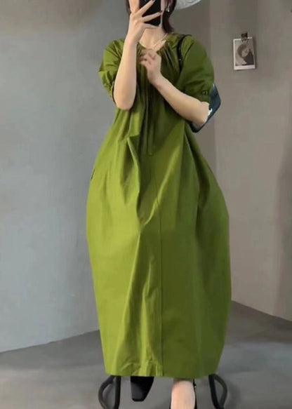 Italian Green O Neck Wrinkled Cotton Long Dress Summer