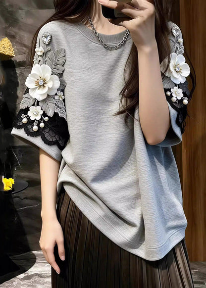 Boutique Grey Nail Bead Tops Short Sleeve