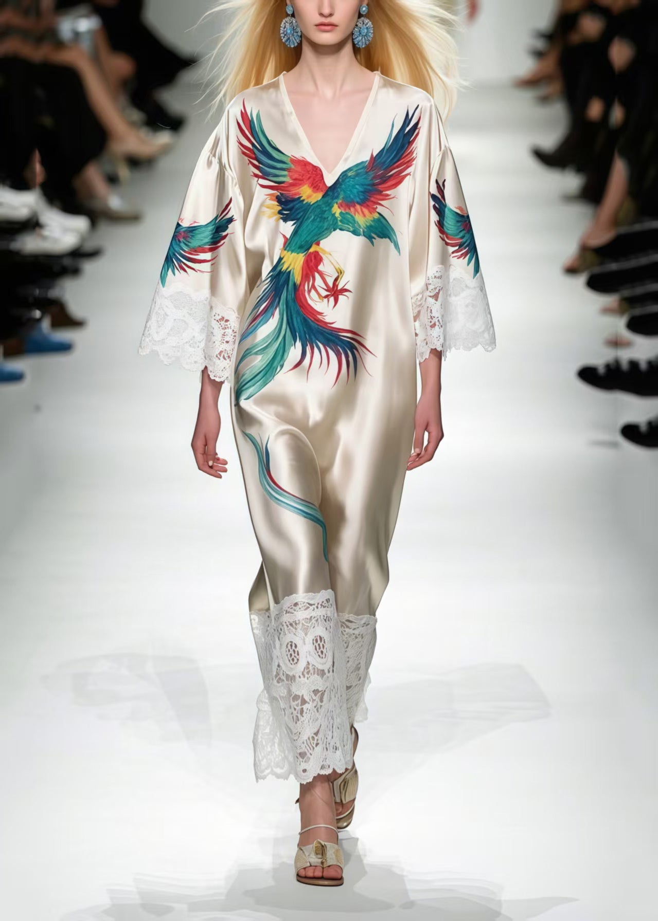 Italian Milk White Oversized Patchwork Lace Phoenix Print Dress Summer