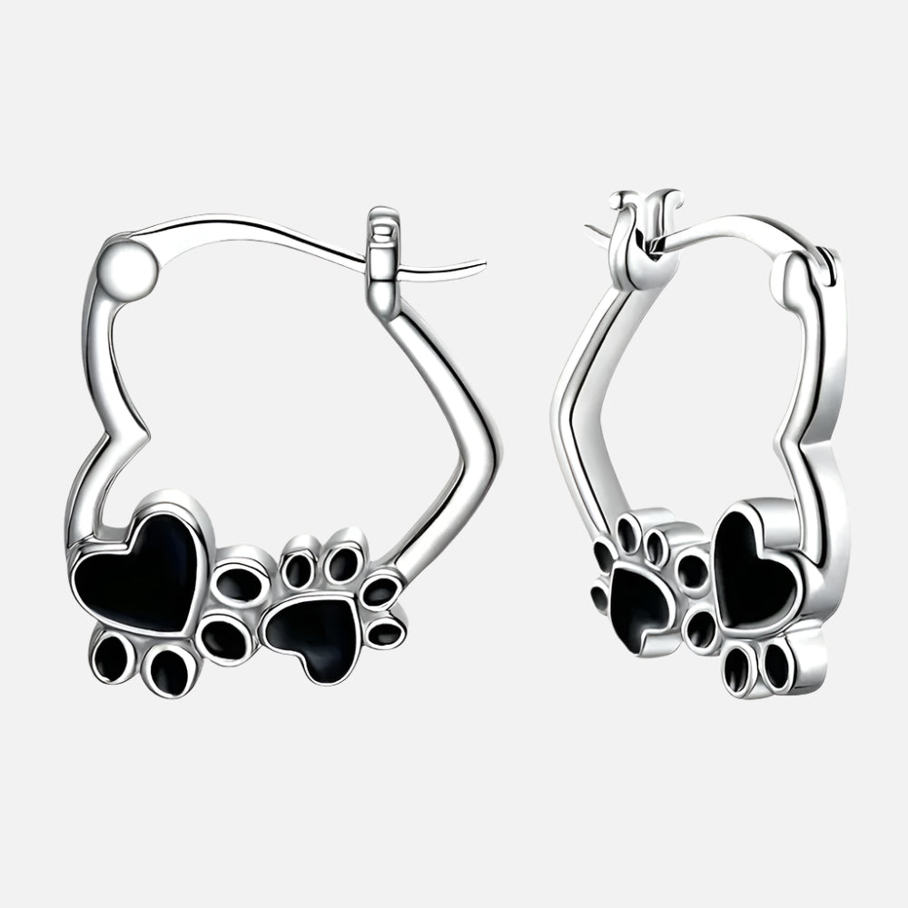 Heart Paw Huggie Earrings With Black Enamel