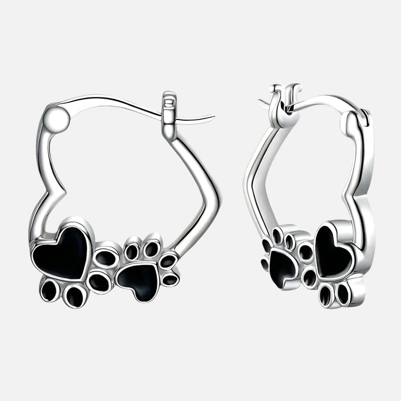 Heart Paw Huggie Earrings With Black Enamel