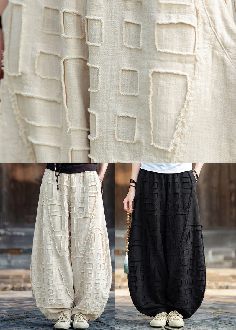 Beige Pockets Patchwork Linen Lantern Pants Fall
