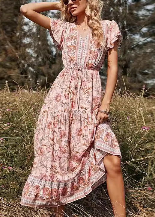 Pink V Neck Print High Waist Long Dresses Summer