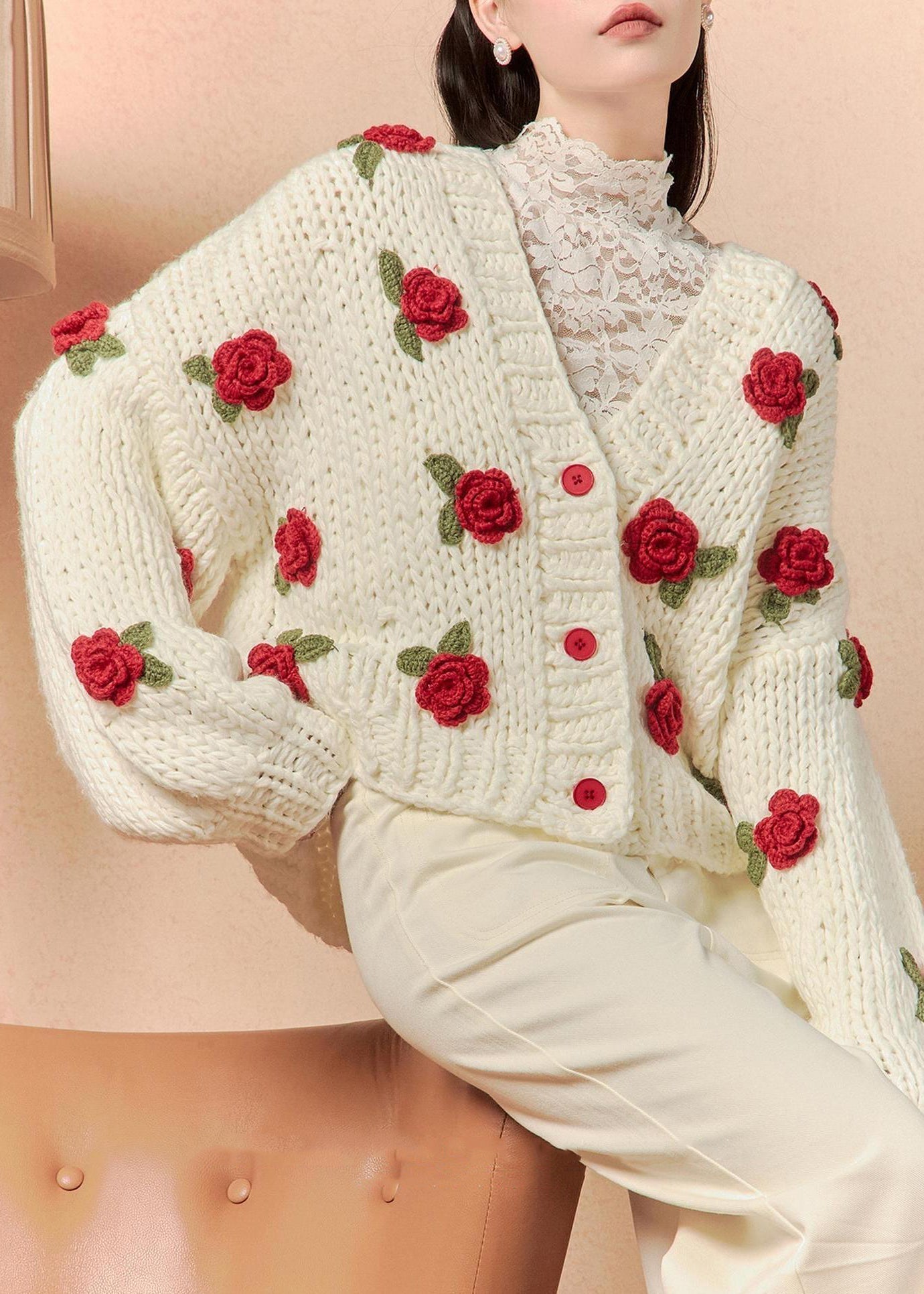 White V Neck Hollow Out Cotton Knit Cardigans Spring
