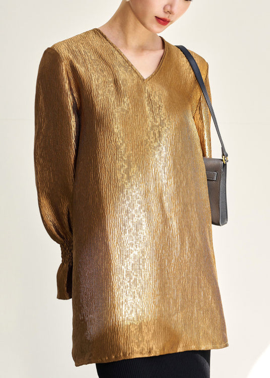 New Gold V Neck Side Open Silk Shirt Fall