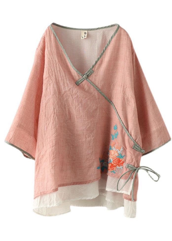 Pink V Neck Embroidered Summer Ramie Half Sleeve Tops