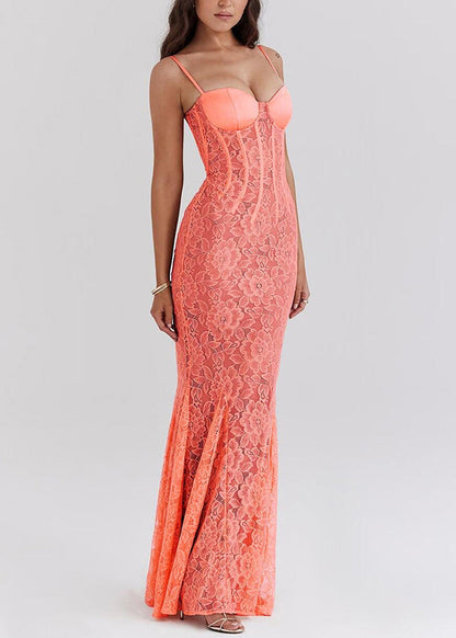 New Orange Backless Lace Slim Fit Spaghetti Strap Dress Summer