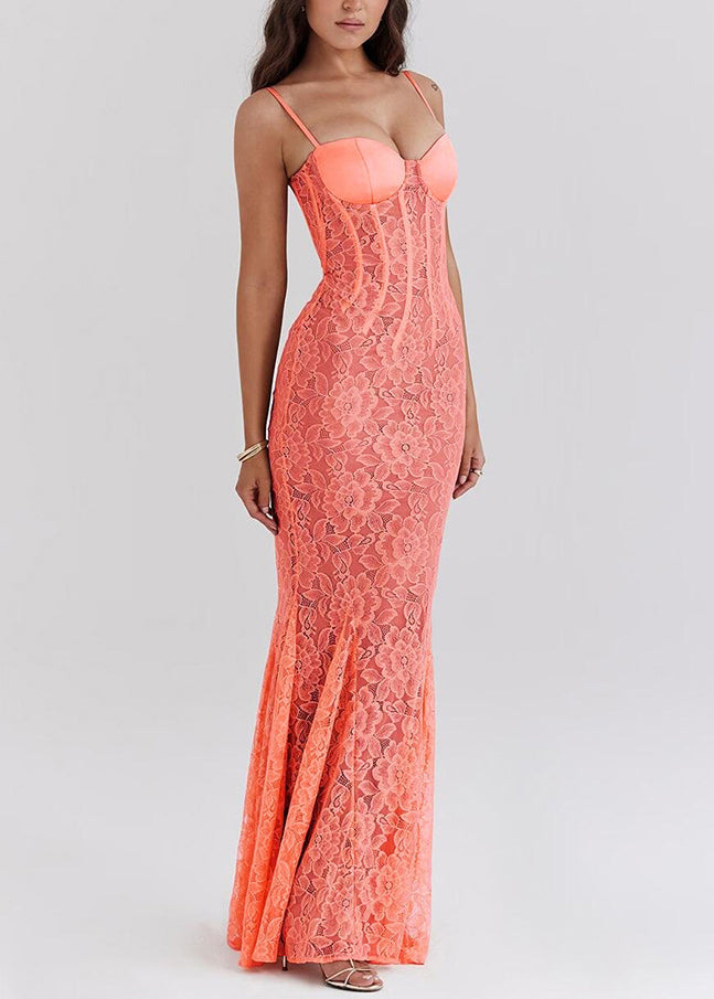 New Orange Backless Lace Slim Fit Spaghetti Strap Dress Summer