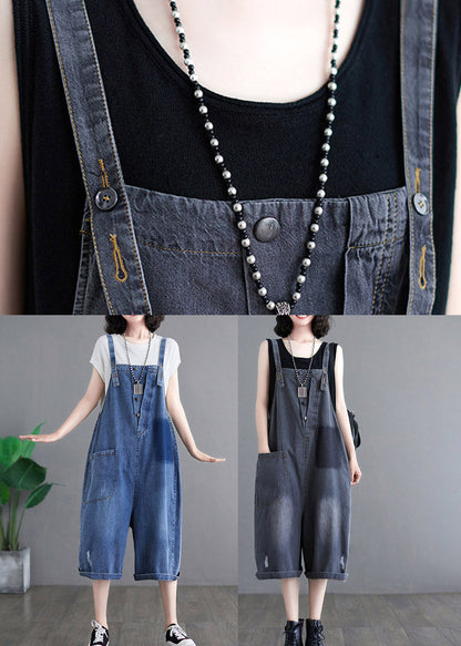 Loose Blue Pockets Patchwork Denim Jumpsuits Summer