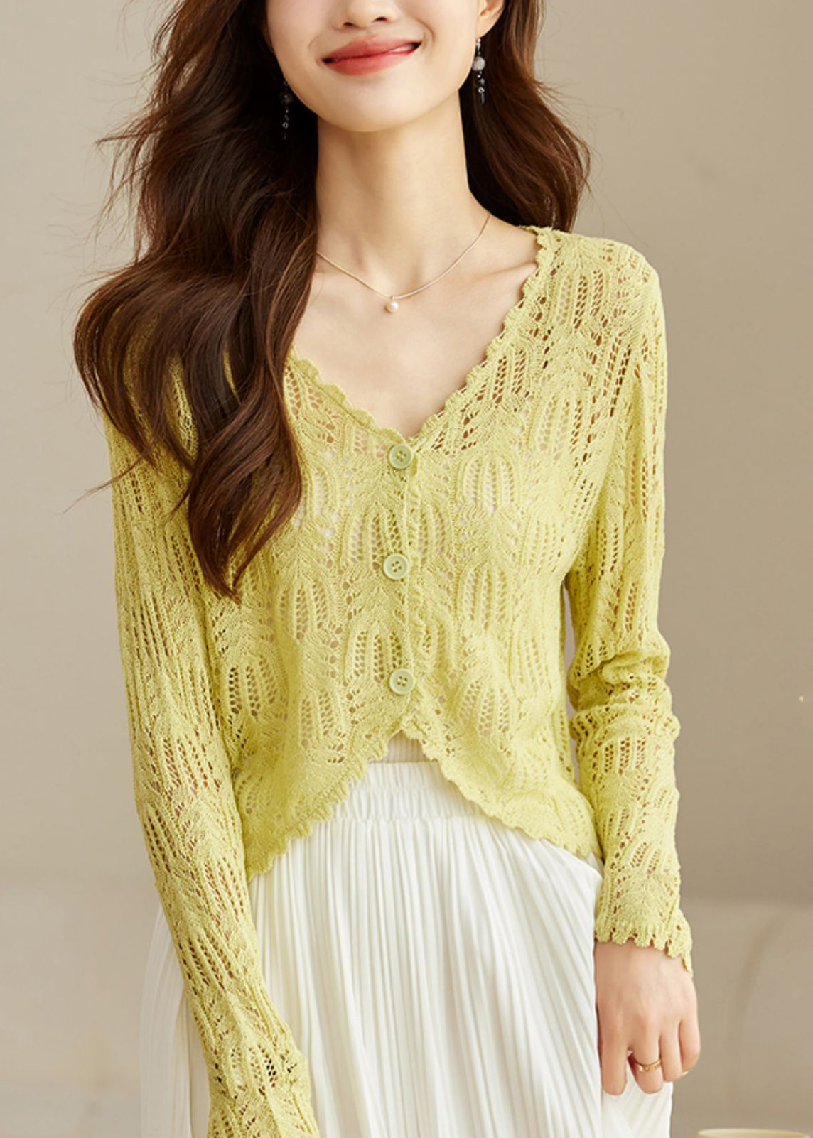 Yellow V Neck Hollow Out Knit Cardigans Summer