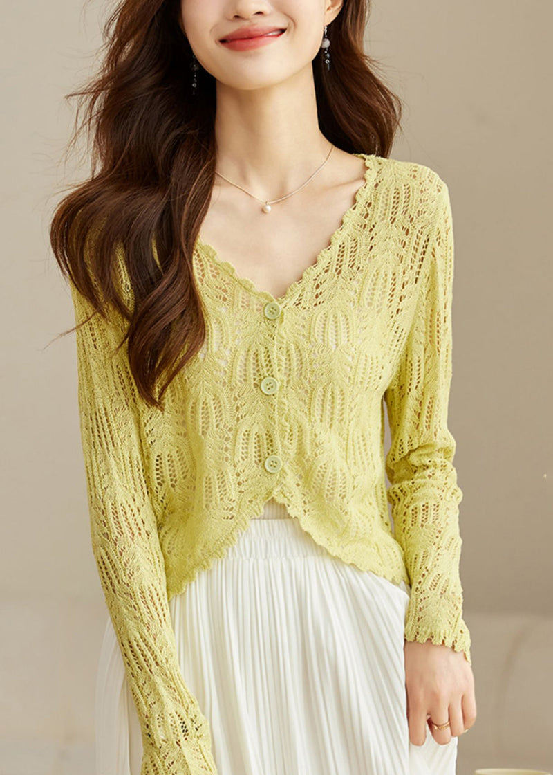 Yellow V Neck Hollow Out Knit Cardigans Summer