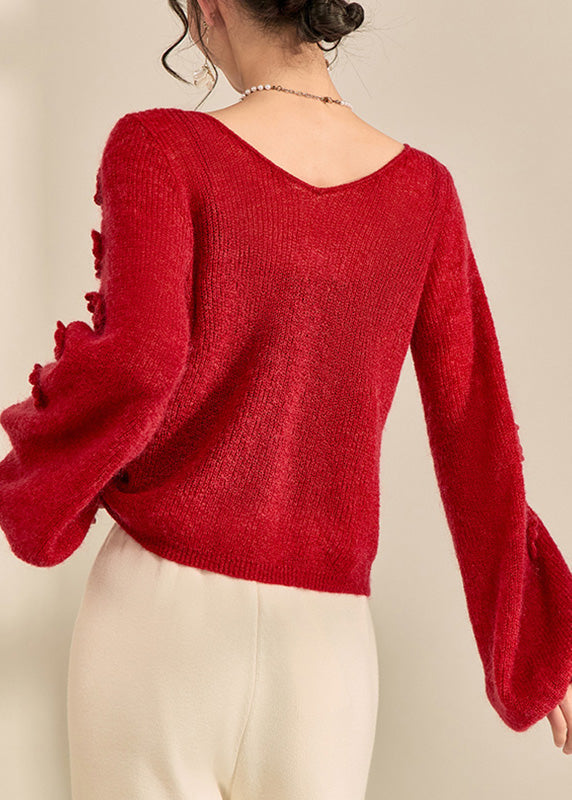 Style Red V Neck Drawstring Cotton Knit Sweater Lantern Sleeve