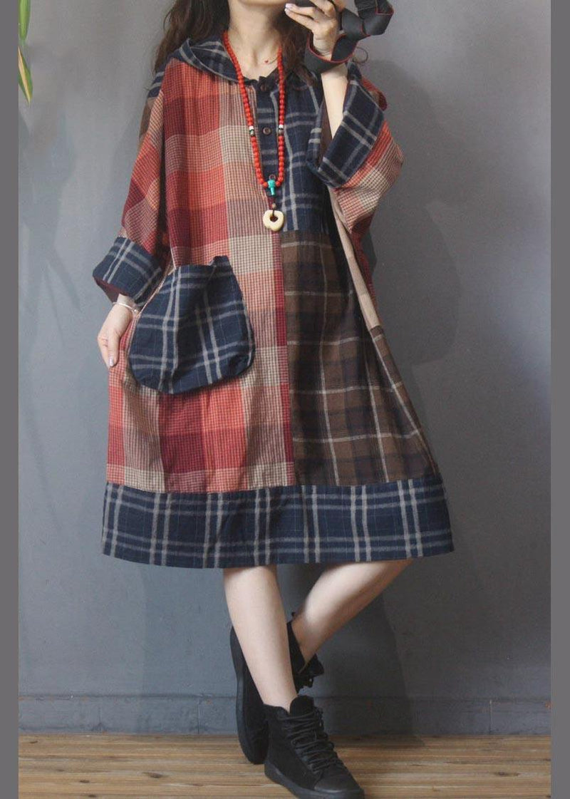 Plaid Patchwork Hooded Cotton Linen Holiday Dress Summer