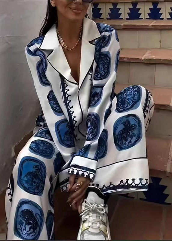 Blue V Neck Print Shirts and Wide Leg Pants Two Piece Set Fall