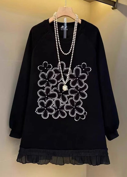 Black Oversized Patchwork Cotton Sweatshirt Fall
