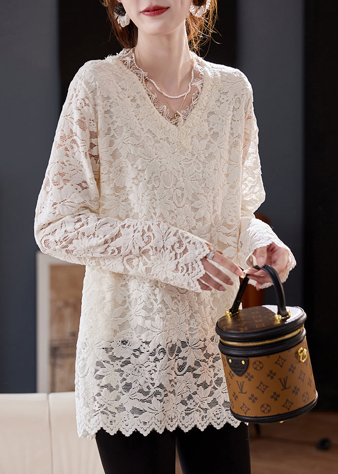 Unique White V Neck Lace Warm Fleece Blouse Tops Spring