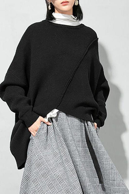O-neck Knitted Irregular Hem Pure Color Sweater