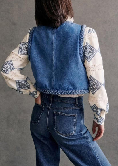 Blue O Neck Fine Cotton Filled Denim Vest Sleeveless