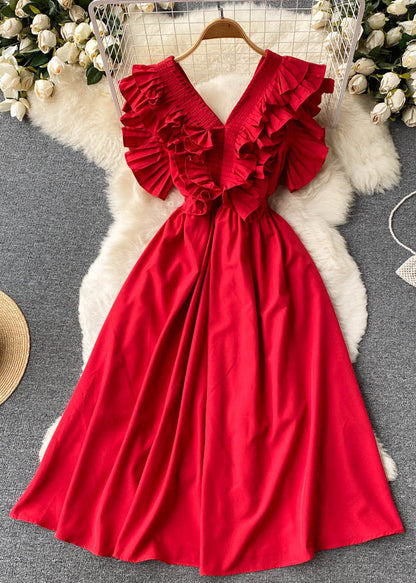 Red Ruffled Button Cotton Dress Summer