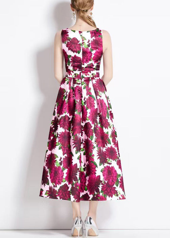 Red Print High Waist Cotton Long Dresses Sleeveless