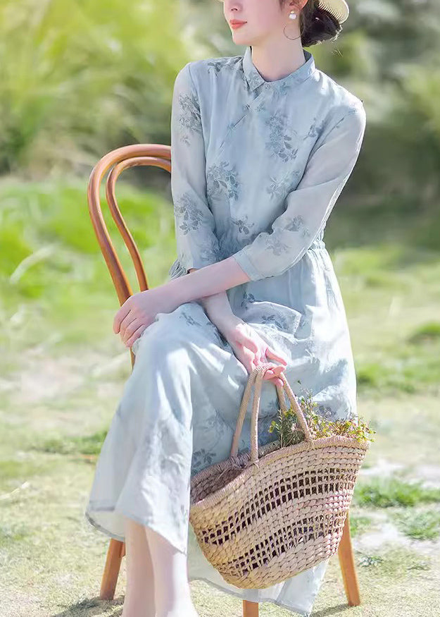 Blue Print Drawstring Chiffon Long Dress Summer