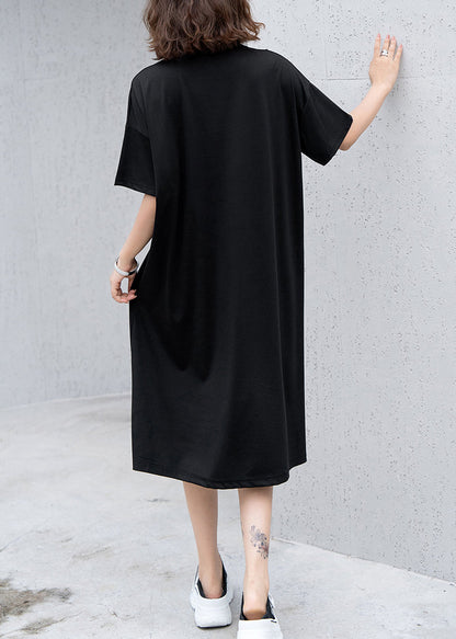 Black O Neck Print Nail Bead Cotton Dress Summer