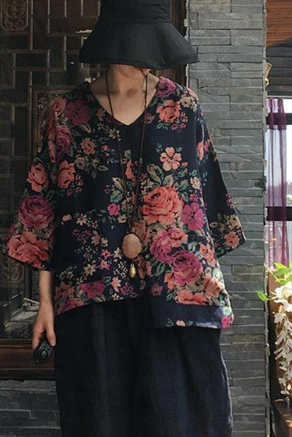 Limited Stock- Print V-neck Long Sleeve Cotton Blouse