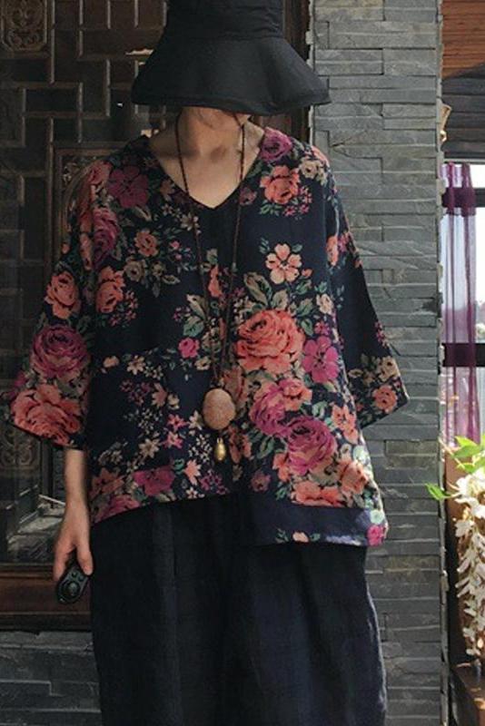 Limited Stock- Print V-neck Long Sleeve Cotton Blouse