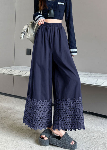 Navy Embroidered Cotton Crop Pants Fall