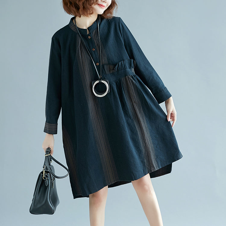 New Blue Striped Cotton Linen Dress Long Sleeve Baggy Dresses Stand Side Open Linen Cotton Dress