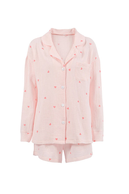 Heart Print Blouse Shorts Cotton Loungewear