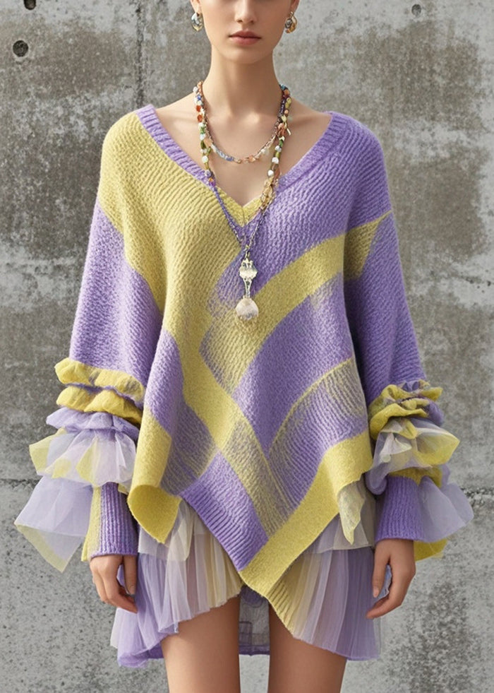 Purple Asymmetrical Patchwork Tulle Knitwear Dress Fall