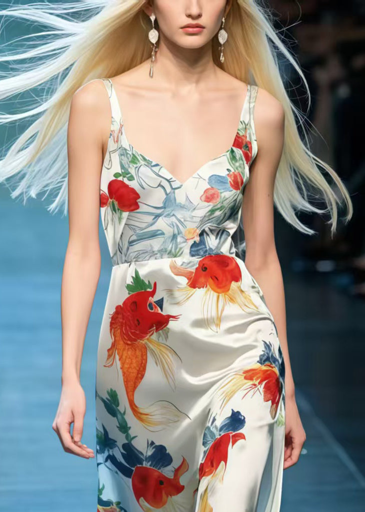 Koi Fish Print Draping Silk Cami Dresses Summer