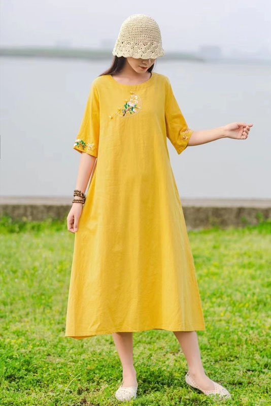 Summer Round Neck Cotton Linen Dress Print Short Sleeve Long Dress