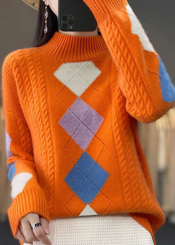 Orange High Neck Print Chunky Knit Sweater Tops Winter