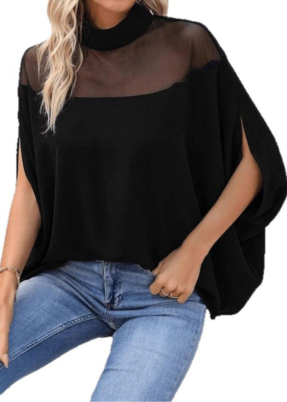 Loose Black Turtleneck Tulle Patchwork T Shirts Batwing Sleeve
