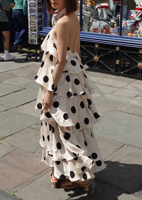 Beige Layered Ruffled Print Cotton Halter Dresses Summer
