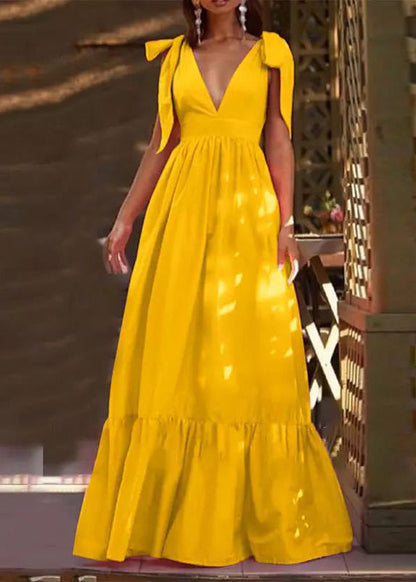 New Yellow V Neck Lace Up Patchwork Cotton Maxi Dress Summer