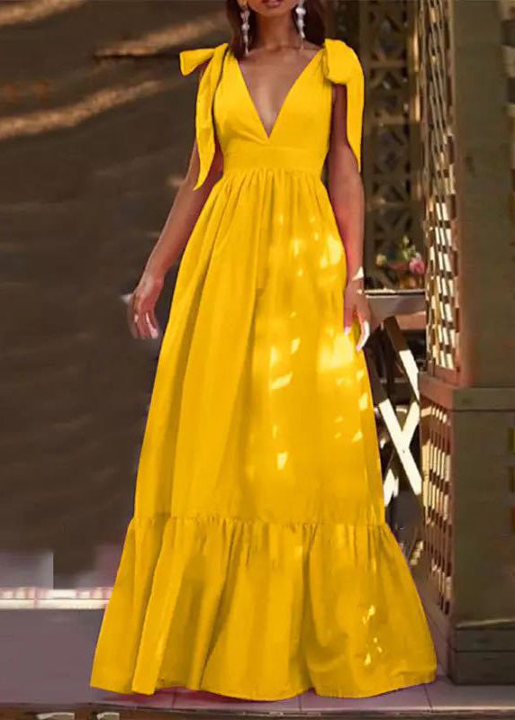 New Yellow V Neck Lace Up Patchwork Cotton Maxi Dress Summer