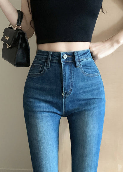 Navy Tummy Control Denim Bell-bottom Trousers Spring