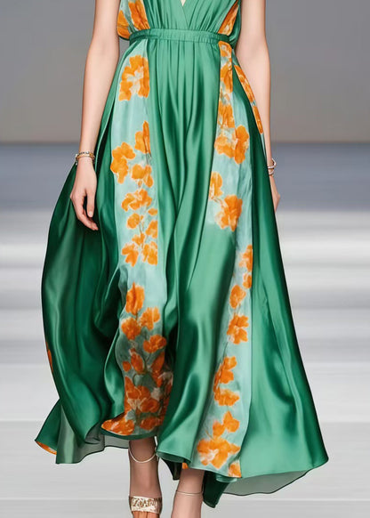 Tea Green V Neck Patchwork Silk Holiday Dress Sleeveless
