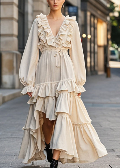 Apricot Ruffled Asymmetrical Design Cotton Cinched Dress Fall